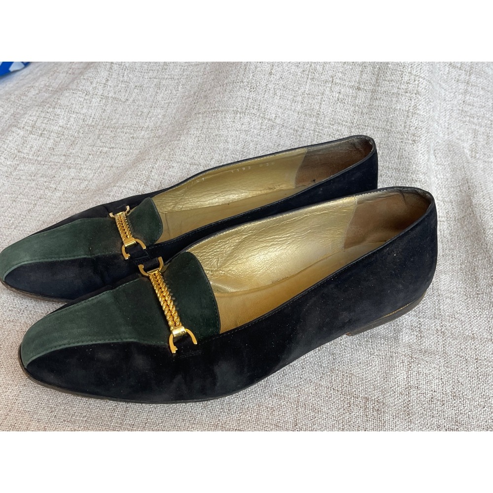 Gucci Vintage Suede Loafers Black Green Gold Chain Horsebit Flats Italy 10B
